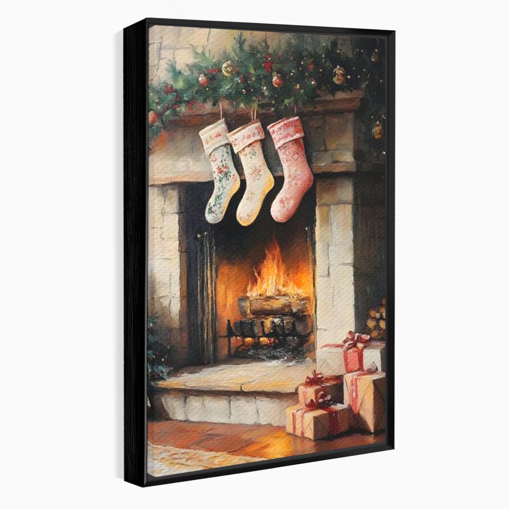Tablou canvas cu tablou canvas cu semineu si ciorapi de craciun, in rama de aluminiu negru